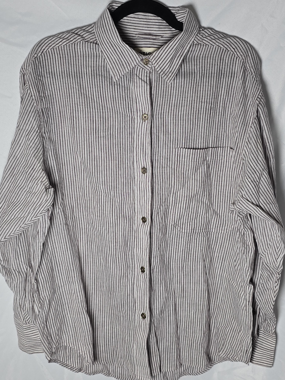 etica Striped Button-Up Shirt - White & Gray Stripe Balloon Sleeve, Sz S